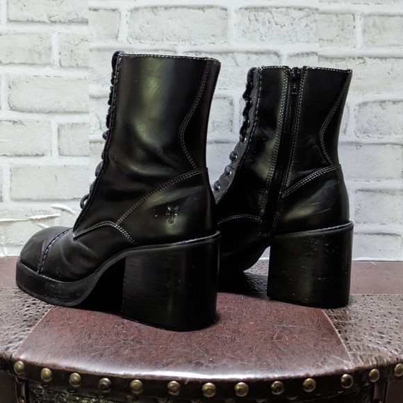 Frye Vintage Y2K Villager Boot Lace Up Zip Stitch 70's Chunky Heel Black Size 9 - Picture 3 of 15